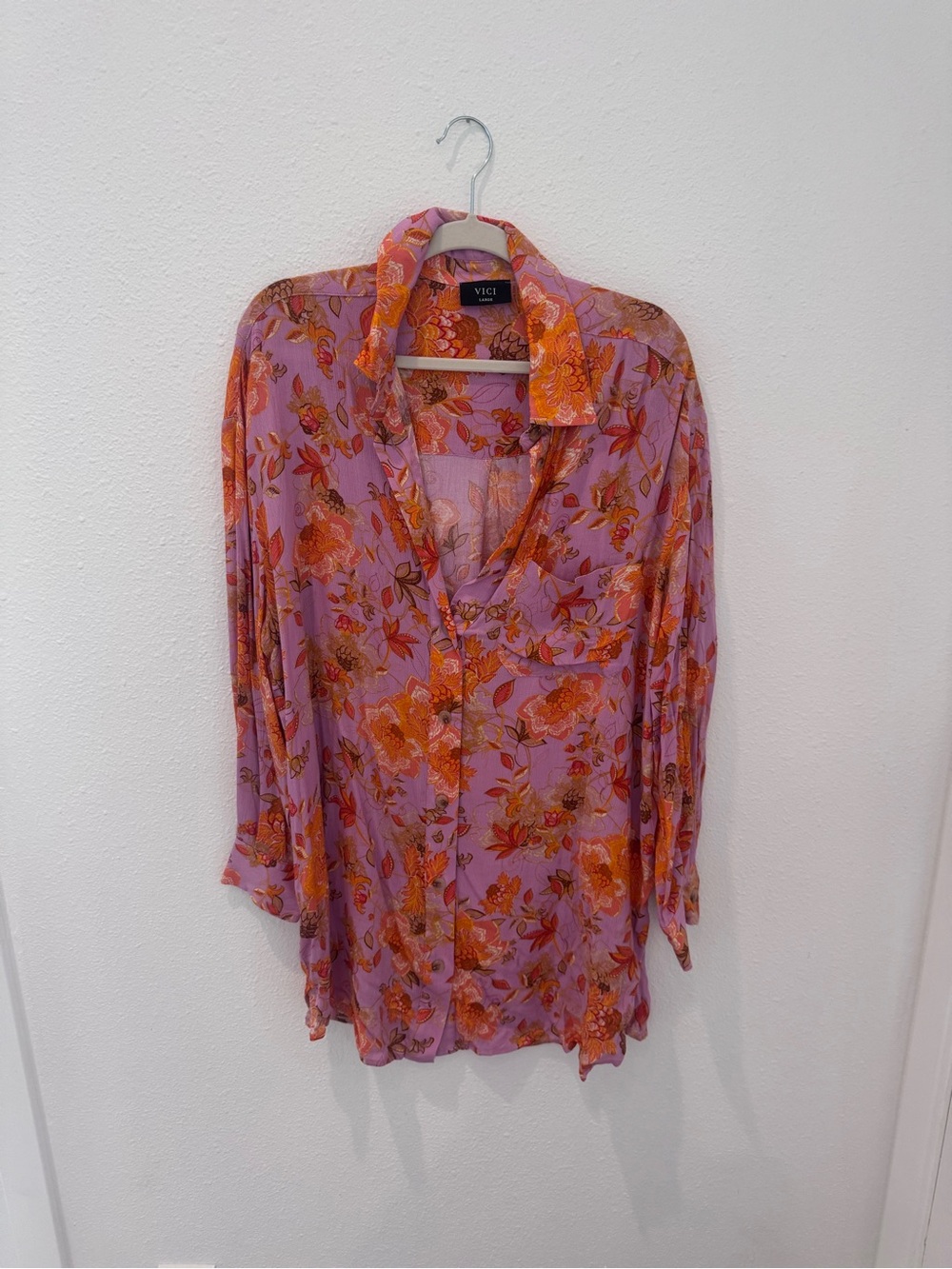 VICI Lavender Floral Button-Down Blouse with Orange Flowers